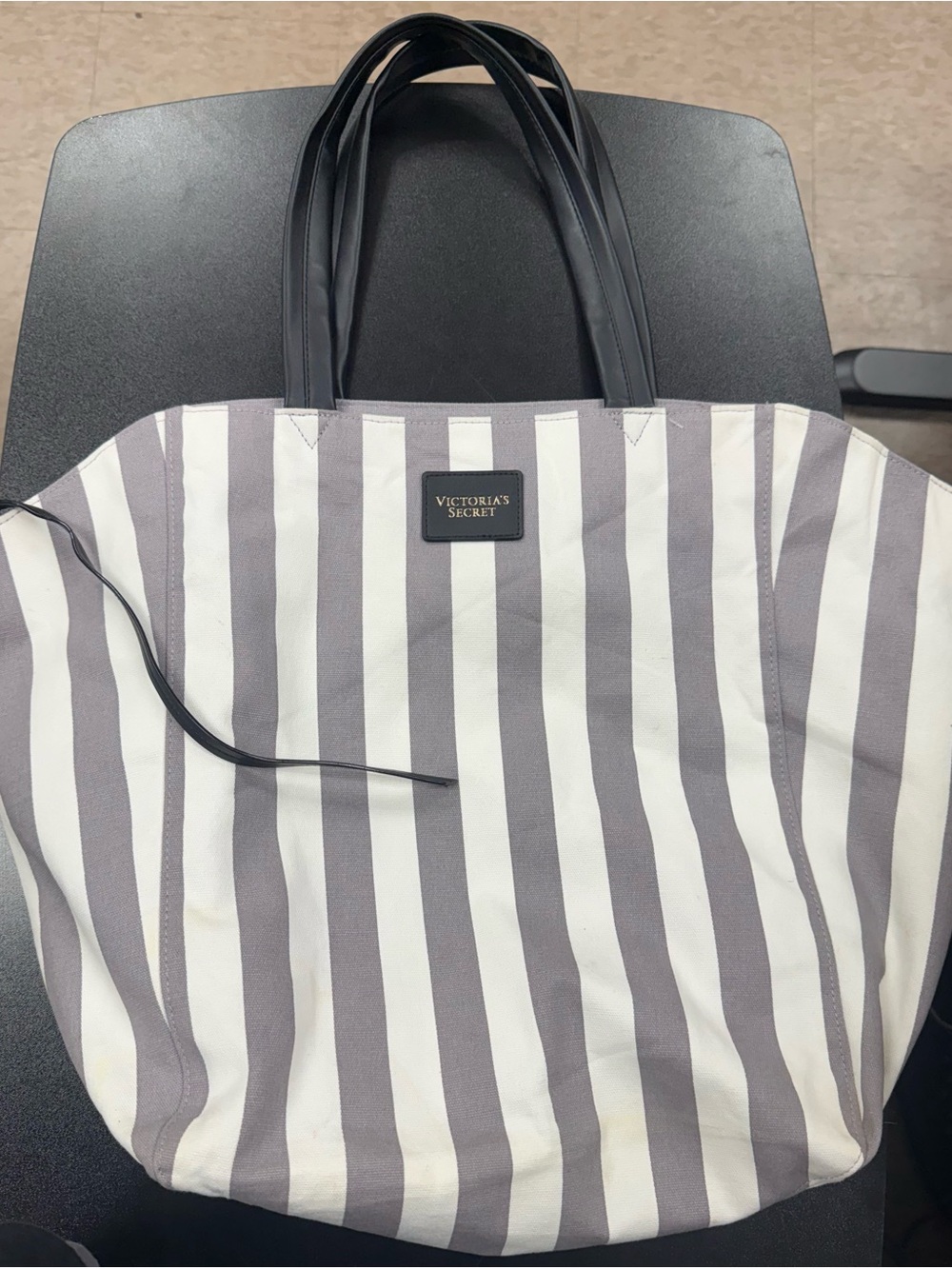 Victoria's Secret White and Gray Striped Canvas Tote with Black Handles